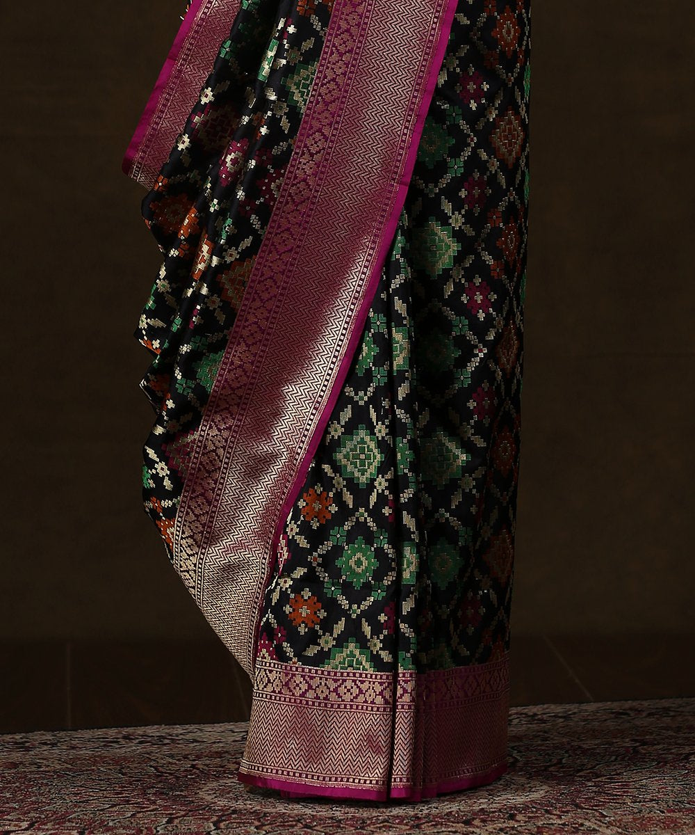 Handloom_Black_Banarasi_Patola_Saree_With_Purple_Border_WeaverStory_04