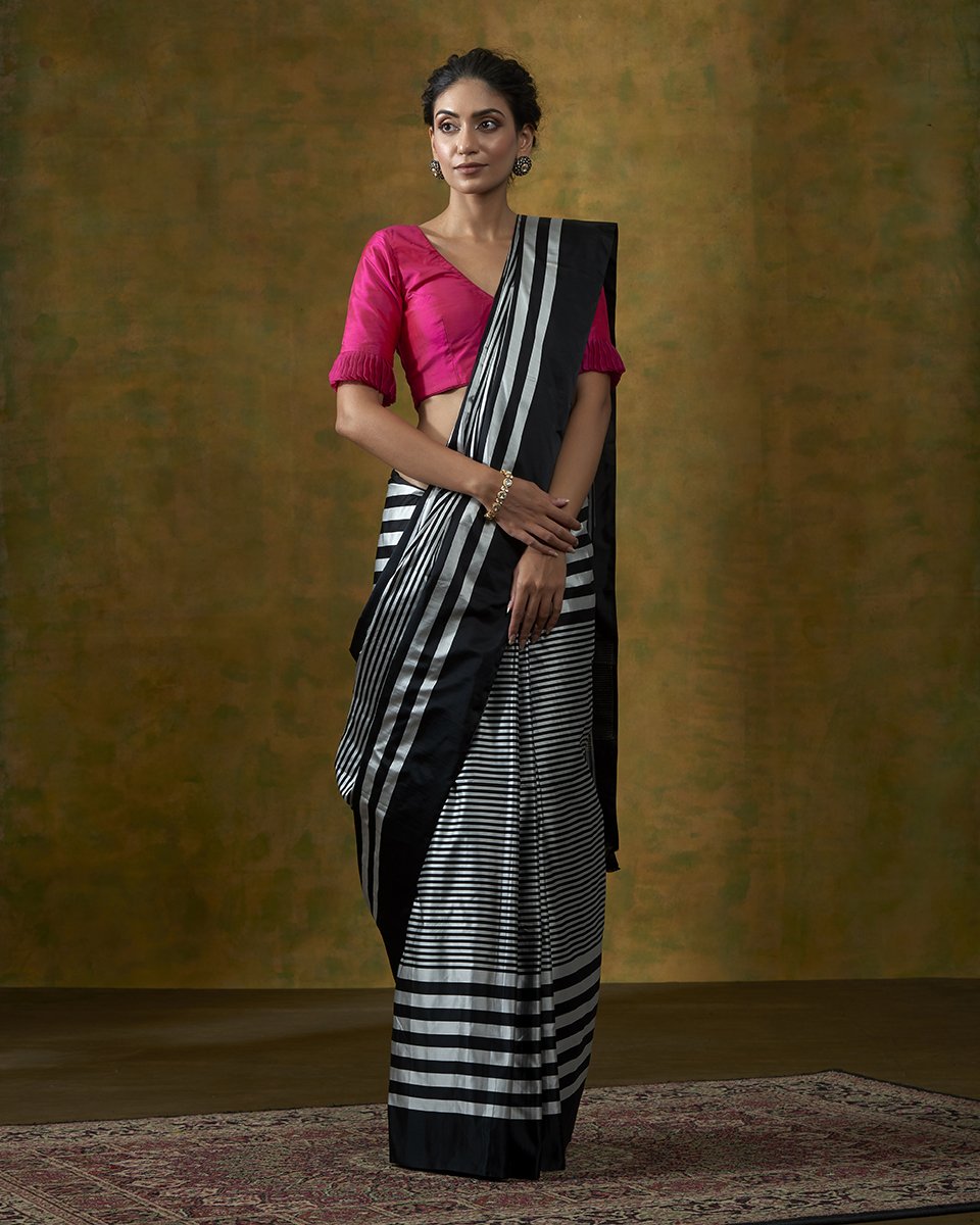 Black_Handloom_Pure_Satin_Silk_Saree_with_Horizontal_Woven_Stripes_WeaverStory_02
