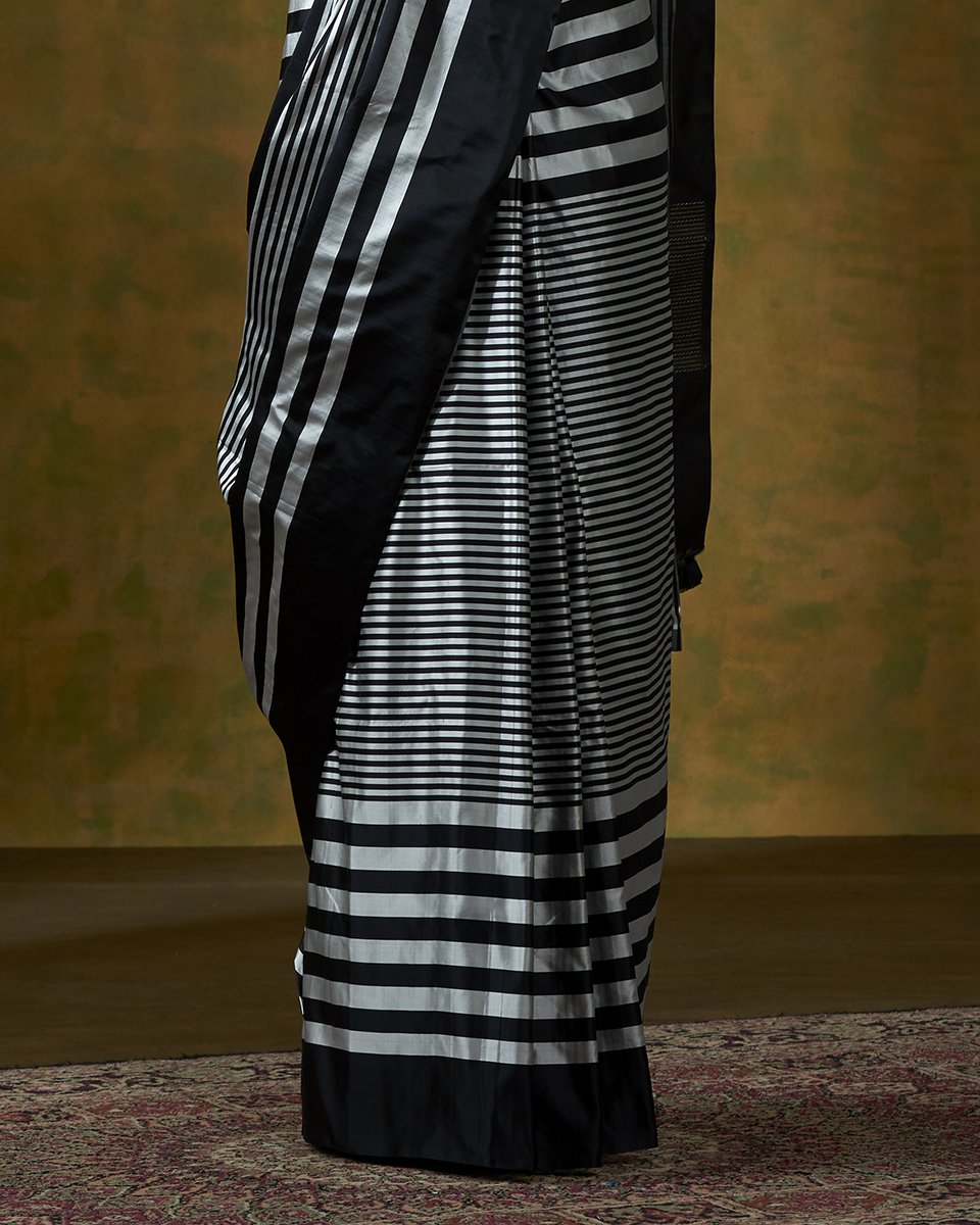 Black_Handloom_Pure_Satin_Silk_Saree_with_Horizontal_Woven_Stripes_WeaverStory_04