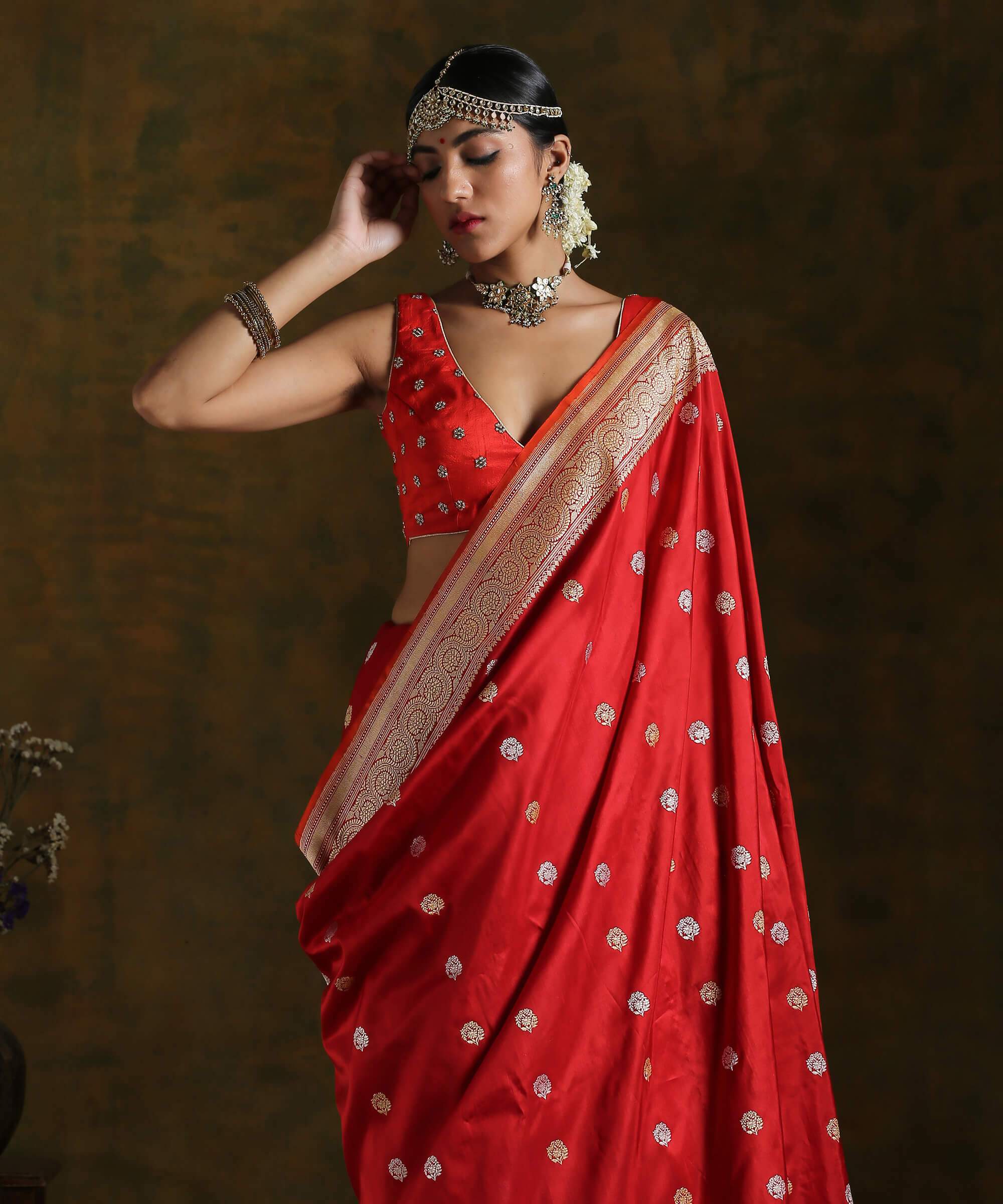 Handloom_Blood_Red_Kadhwa_Booti_Saree_With_Gold_And_Silver_Zari_WeaverStory_01