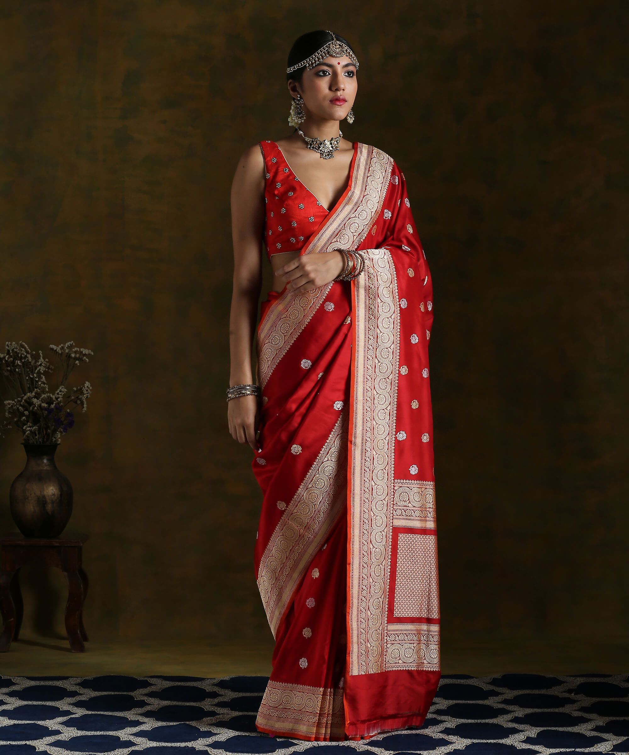 Handloom_Blood_Red_Kadhwa_Booti_Saree_With_Gold_And_Silver_Zari_WeaverStory_02
