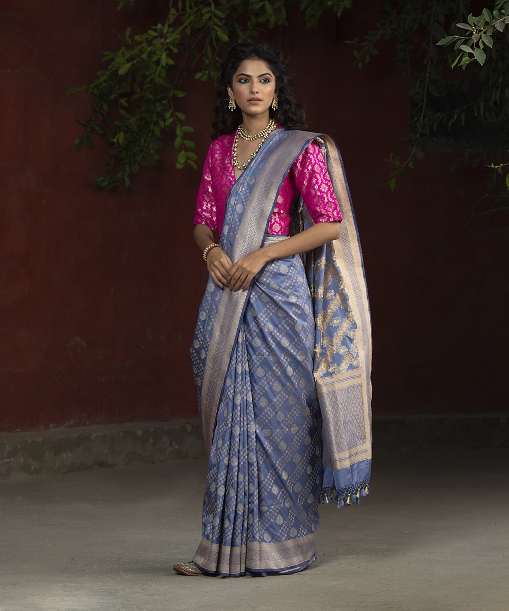 Handloom_Blue_Embossed_Weave_Katan_Silk_Banarasi_Saree_with_Green_Selvedge_WeaverStory_02