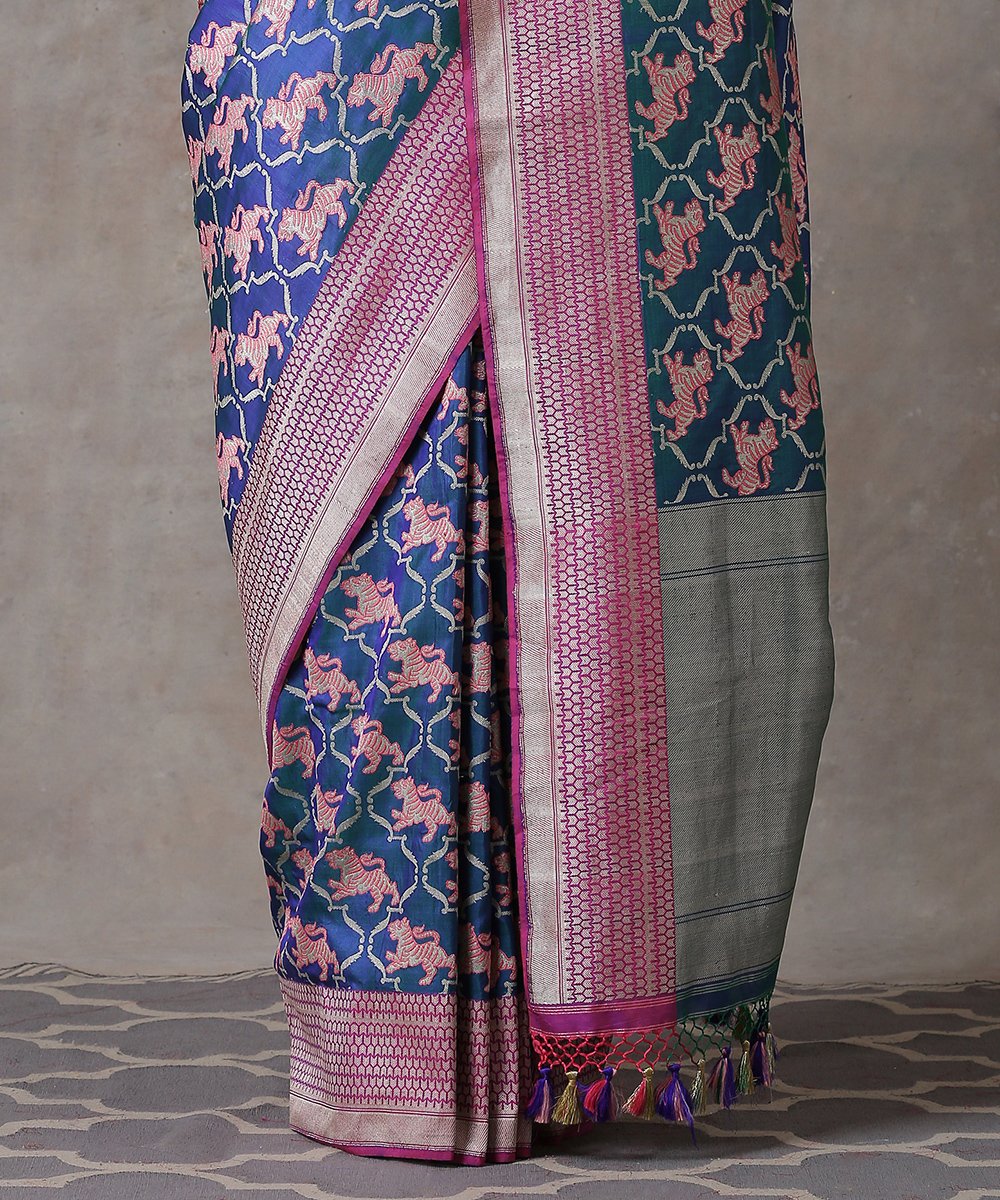 Handloom_Blue_Kadhwa_Pure_Katan_Silk_Banarasi_Saree_With_Woven_Singham_Motifs_WeaverStory_04