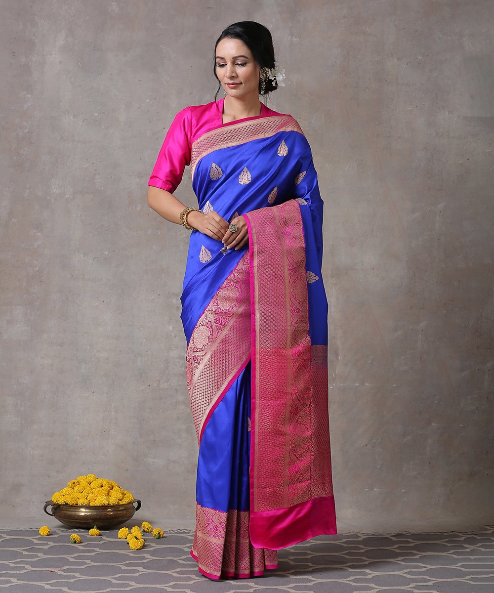 Handloom_Blue_Pure_Katan_Silk_Banarasi_Saree_With_Majenta_Border_and_Bootidar_Leaf_Motifs_WeaverStory_01