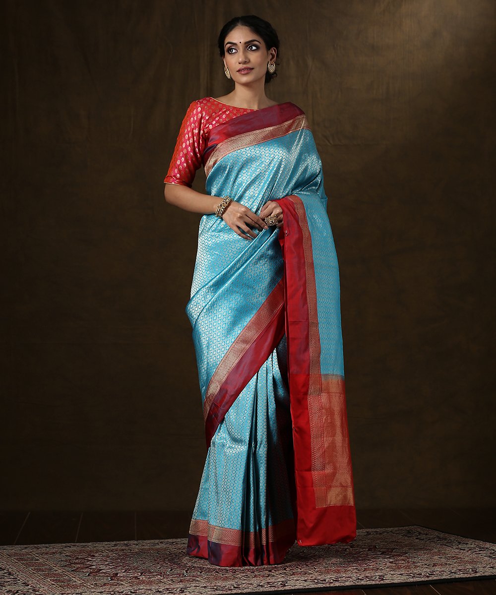 Handloom_Blue_Zari_Brocade_Banarasi_Saree_With_Red_Satin_Border_and_Blouse_WeaverStory_02