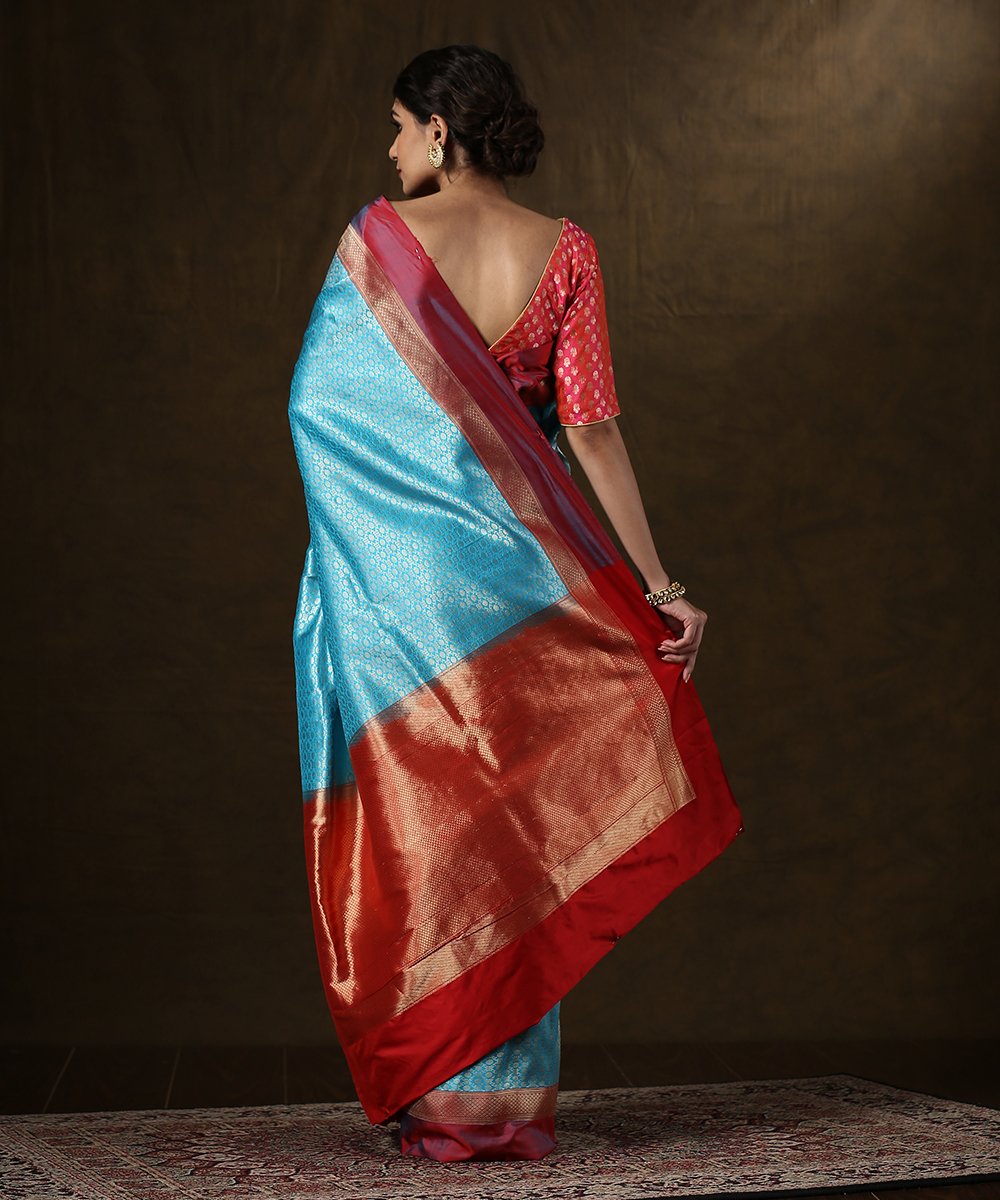 Handloom_Blue_Zari_Brocade_Banarasi_Saree_With_Red_Satin_Border_and_Blouse_WeaverStory_03