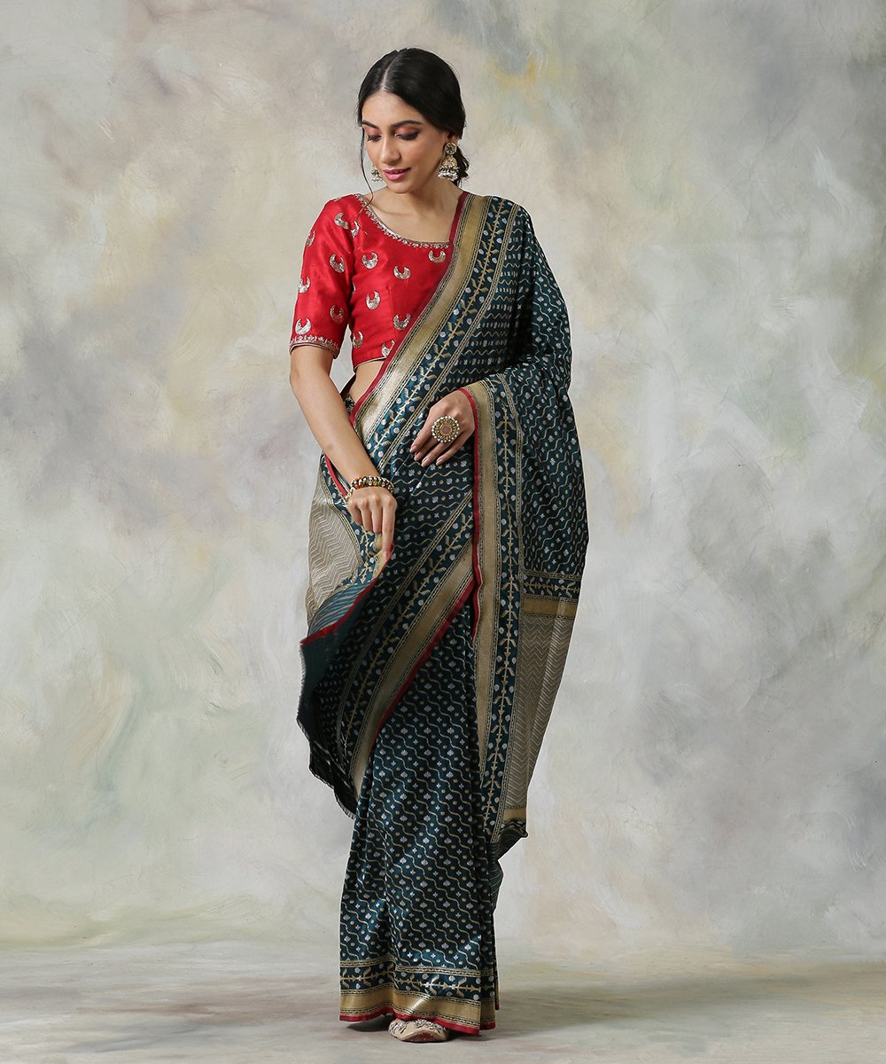 Handloom_Bottle_Green_Banarasi_Saree_With_Cutwork_Jamdani_Weave_WeaverStory_02