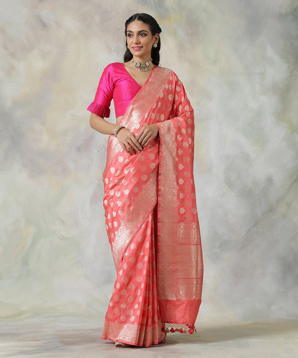 Handloom_Bright_Peach_Banarasi_Saree_With_All_Over_Mughal_Booti_Design_WeaverStory_02