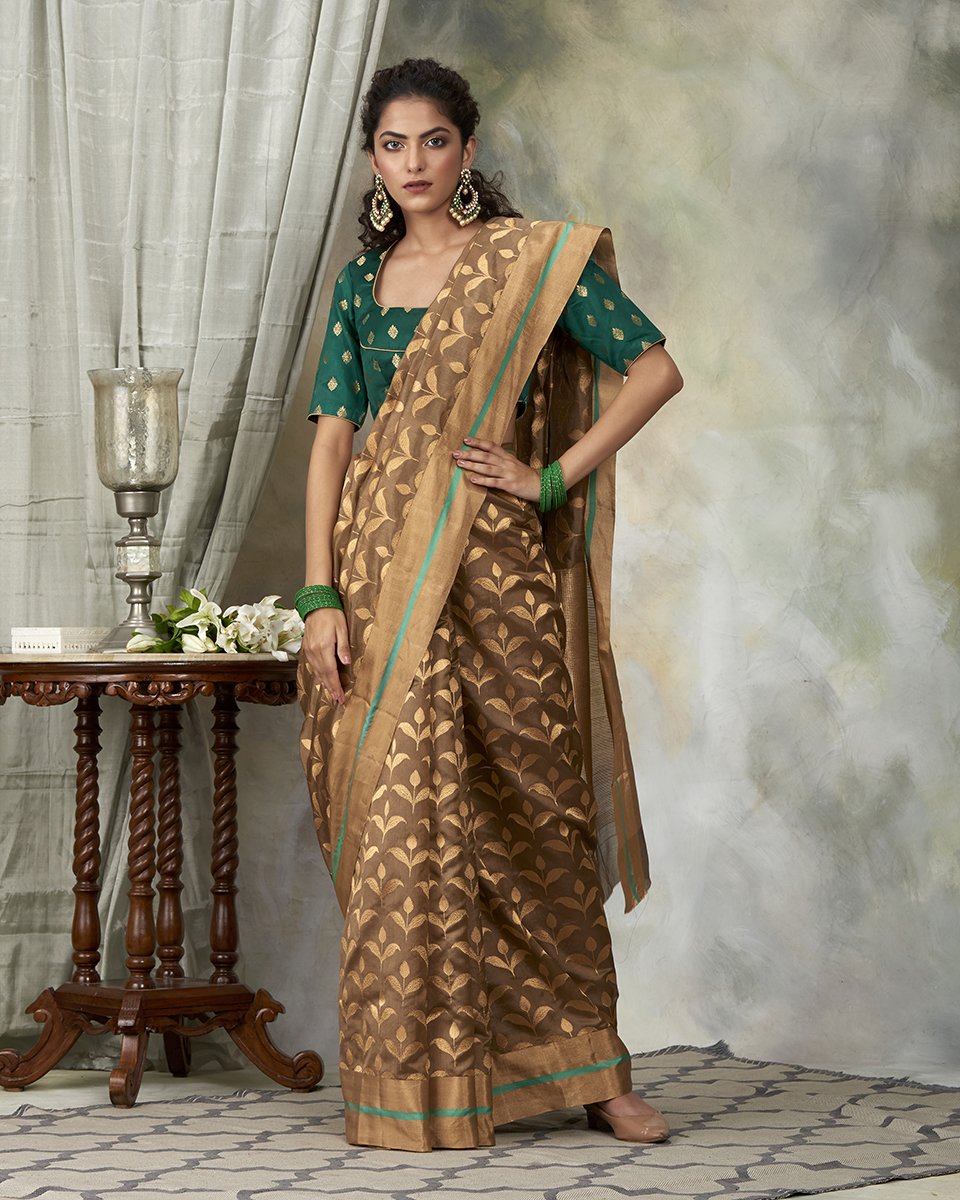 Handloom_Brown_Chanderi_Silk_Saree_with_Leaf_Motifs_woven_in_Zari_WeaverStory_02