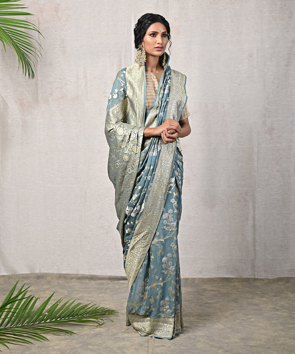 Handloom_Cement_Grey_Banarasi_Georgette_Saree_with_Floral_Jaal_WeaverStory_02