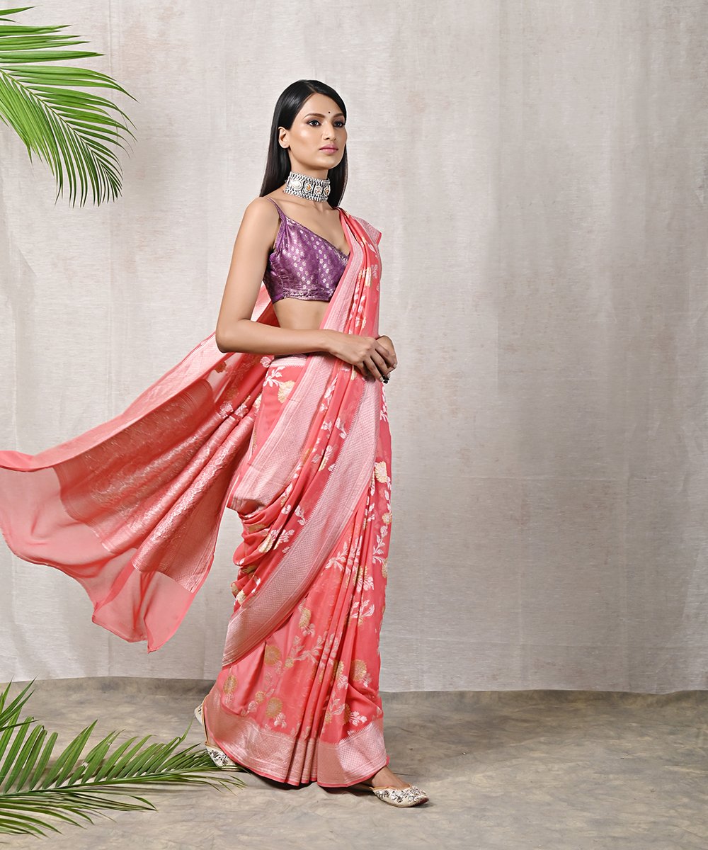Handloom_Coral_Peach_Banarasi_Georgette_Saree_with_Meenakari_Jaal_WeaverStory_02