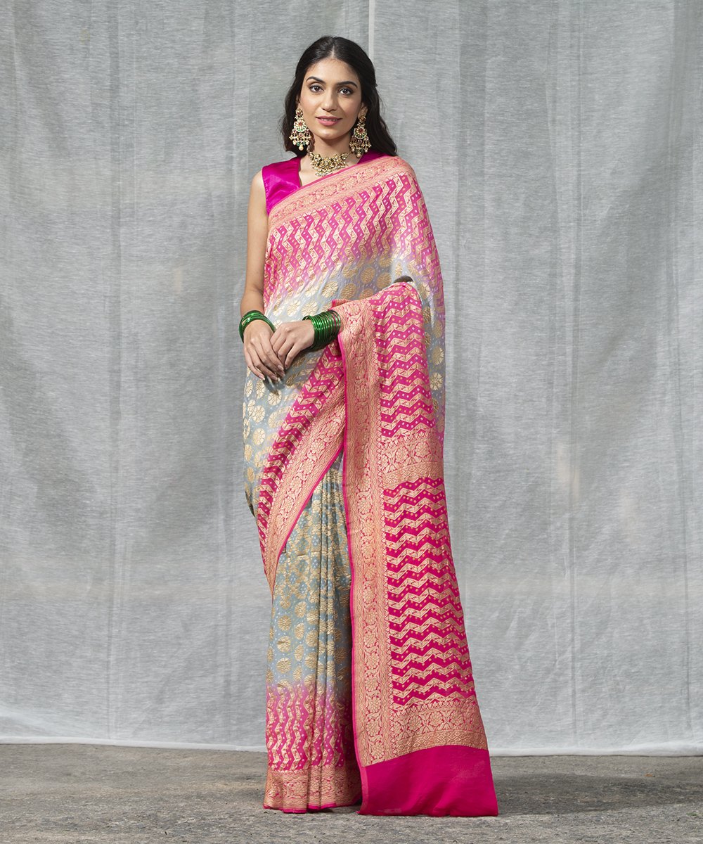 Handloom_Coral_Pink_and_Grey_Dual_Tone_Pure_Georgette_Banarasi_Bandhej_Saree_WeaverStory_02