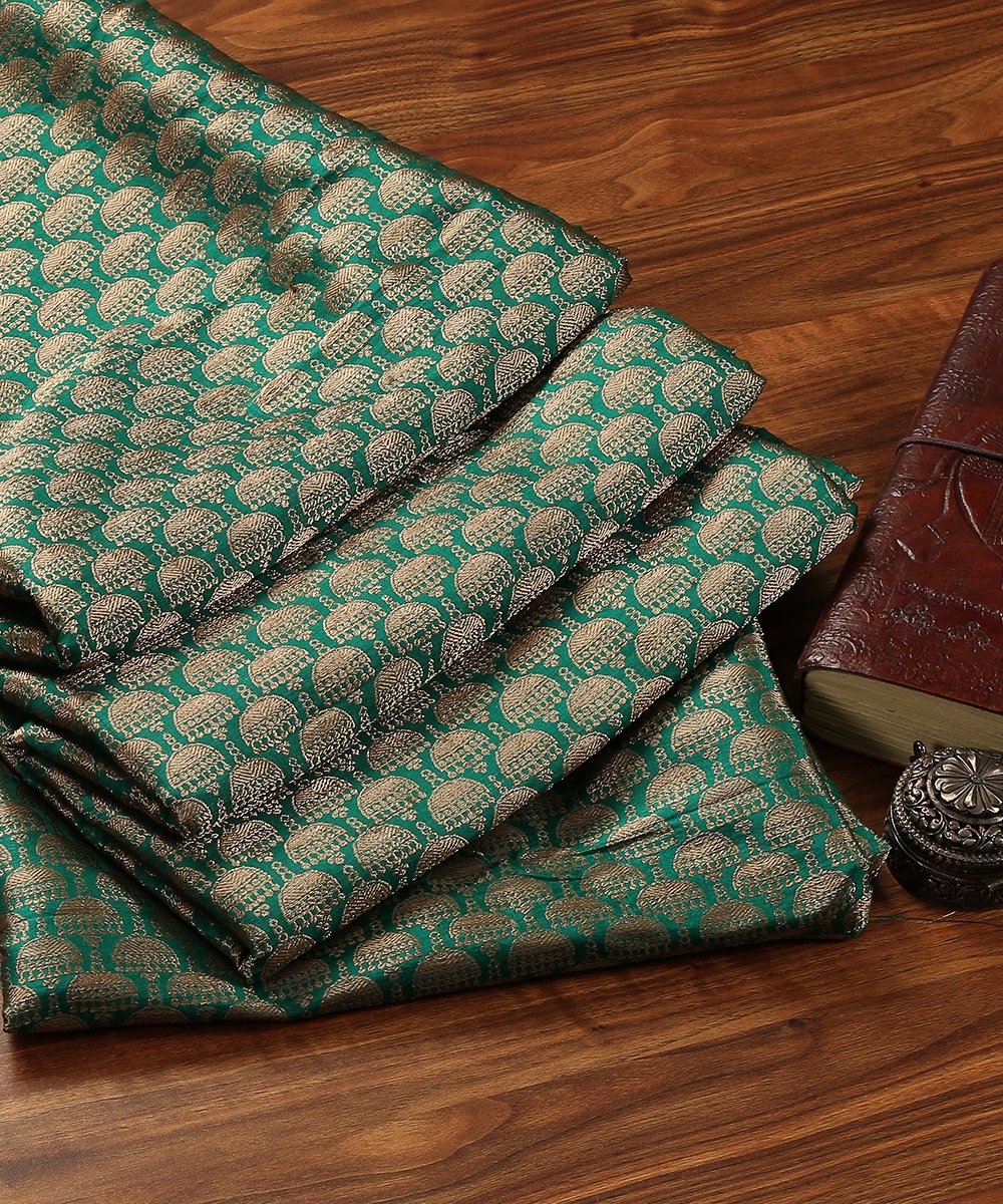 Handloom_Dark_Green_Brocade_Fabric_with_Jhumki_Booti_Design_WeaverStory_01