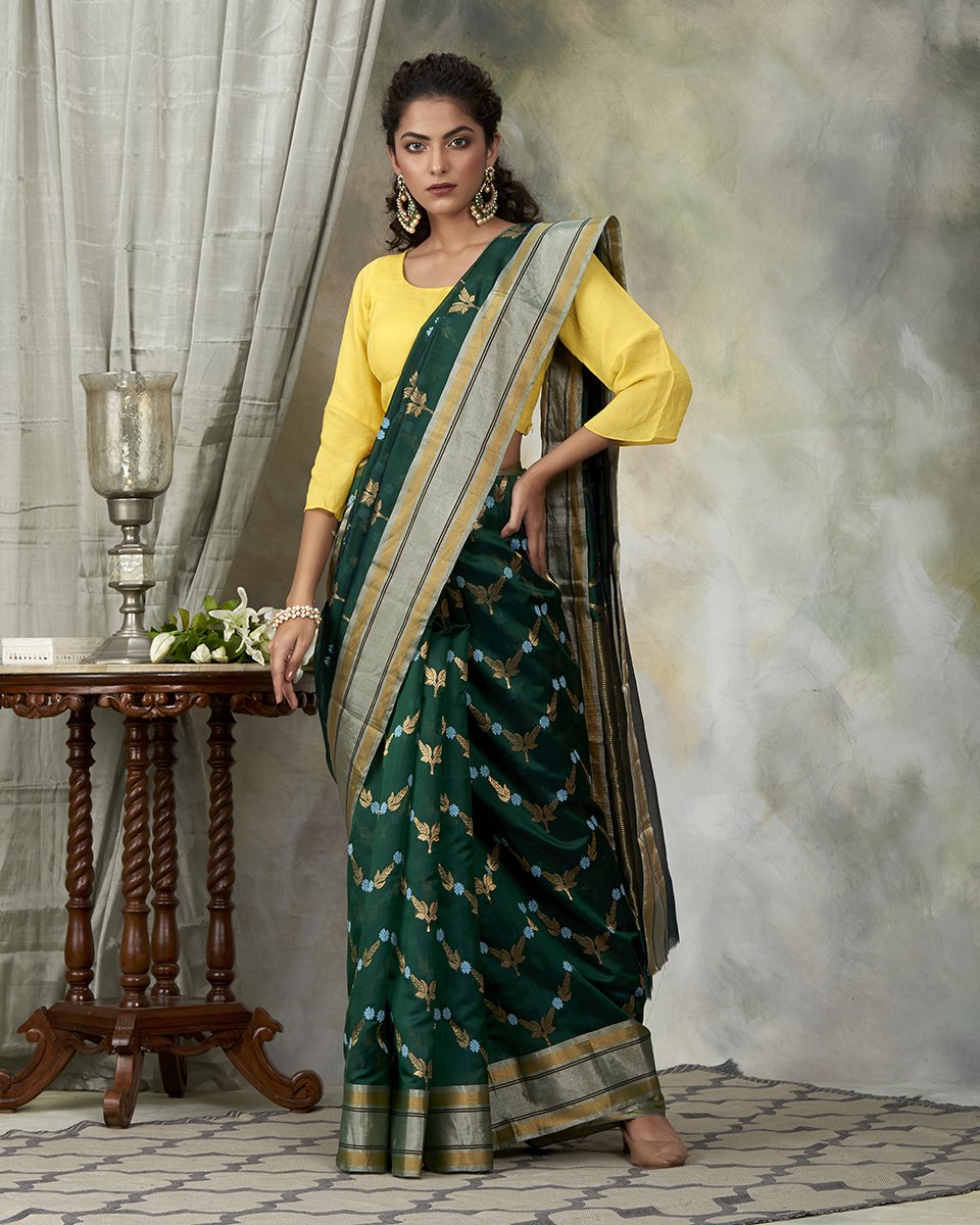 Handloom_Emerald_Green_Chanderi_Silk_Saree_with_Jaal_WeaverStory_02