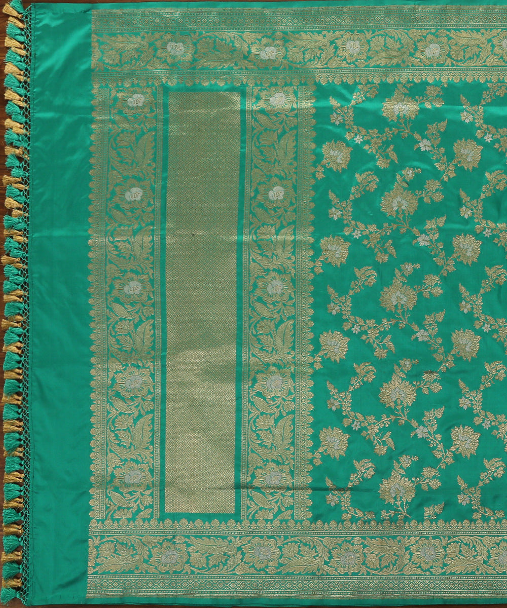 Handloom Firozi Banarasi Dupatta With Paisley Border And Kadhwa Jangla Design