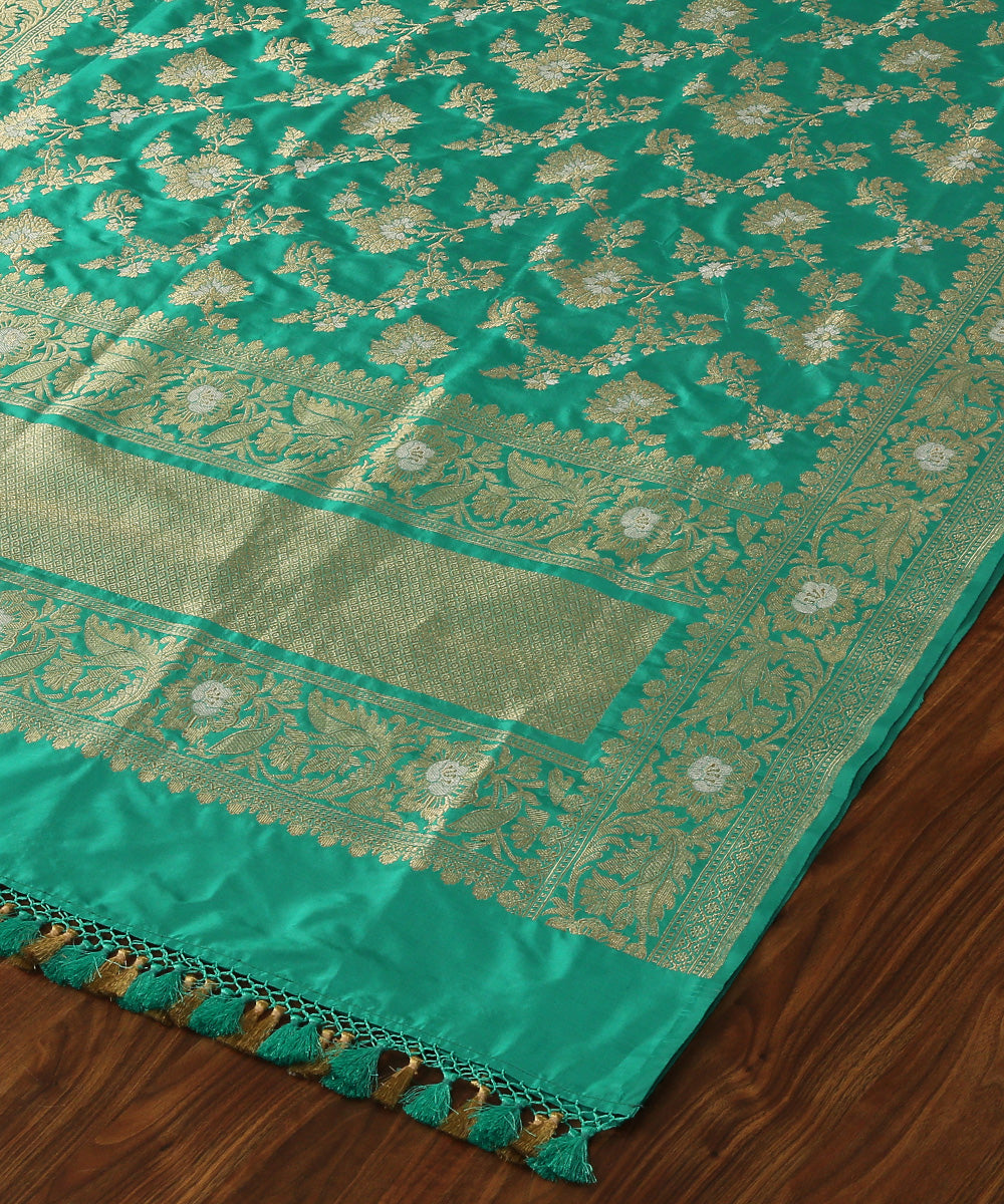 Handloom Firozi Banarasi Dupatta With Paisley Border And Kadhwa Jangla Design