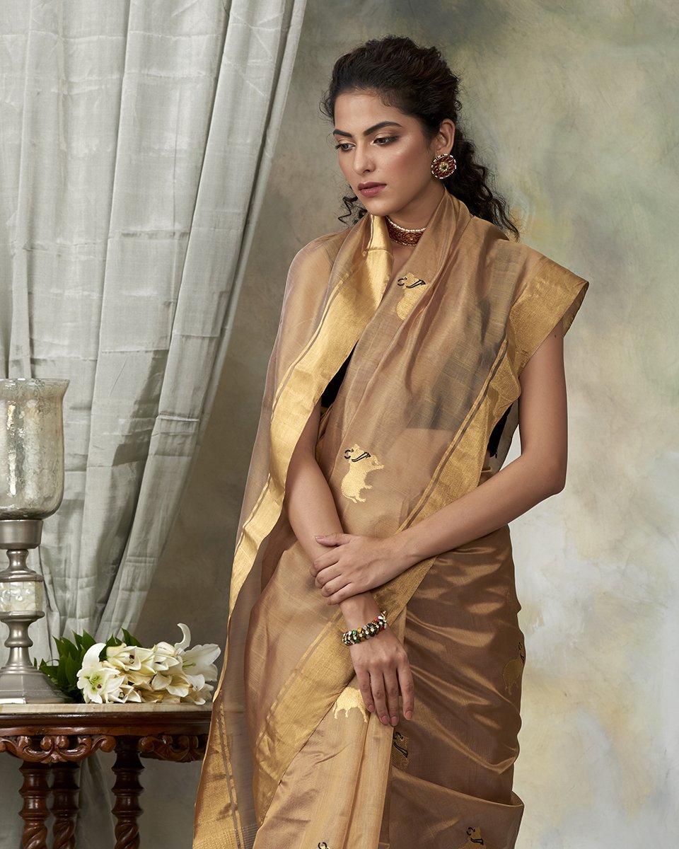Handloom_Golden_Beige_Chanderi_Silk_Saree_With_Cow_motifs_WeaverStory_01