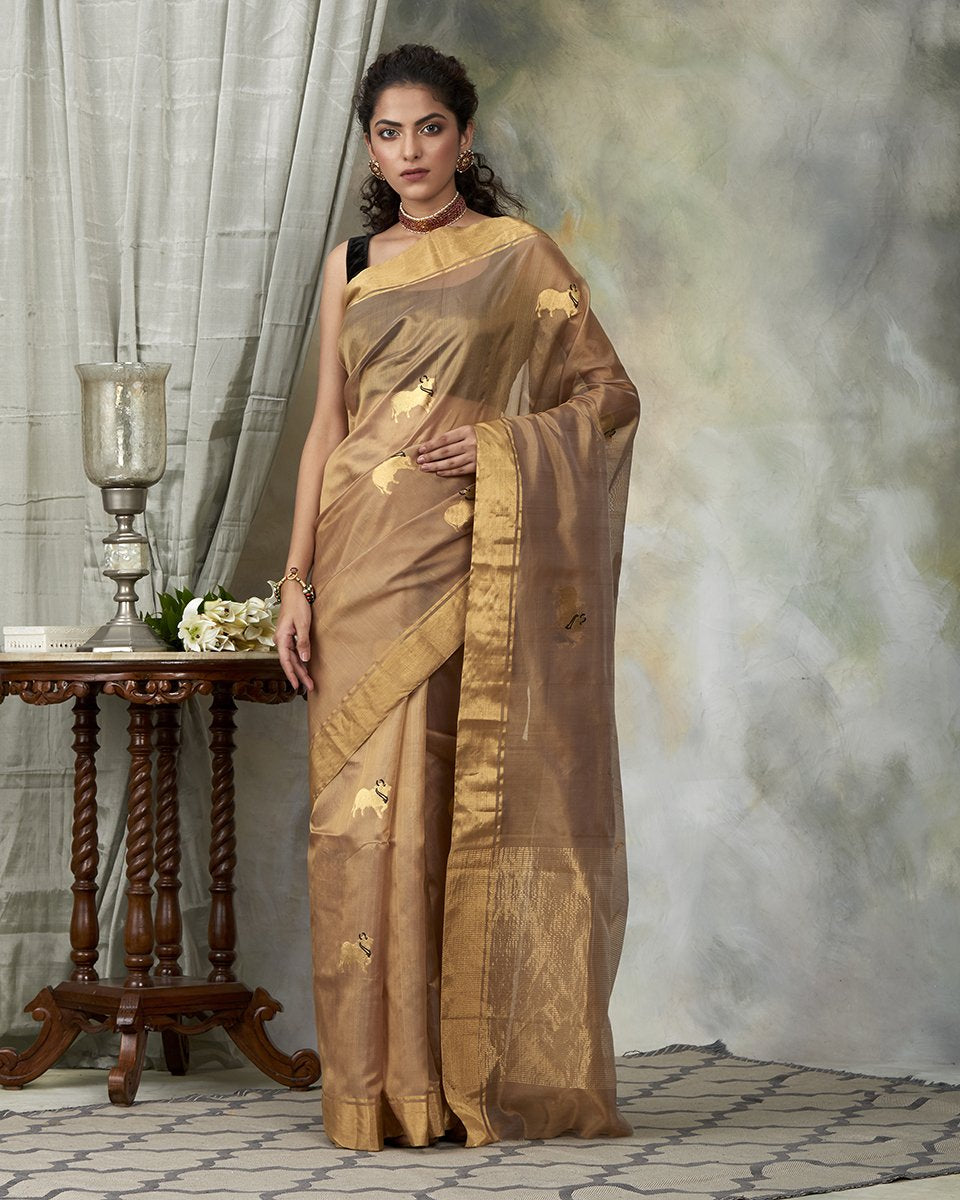 Handloom_Golden_Beige_Chanderi_Silk_Saree_With_Cow_motifs_WeaverStory_02