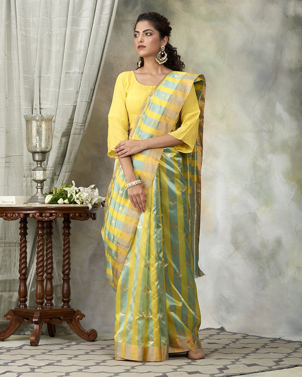 Handloom_Green_And_Yellow_Striped_Chanderi_Silk_Saree_With_Leaf_Booti_WeaverStory_02