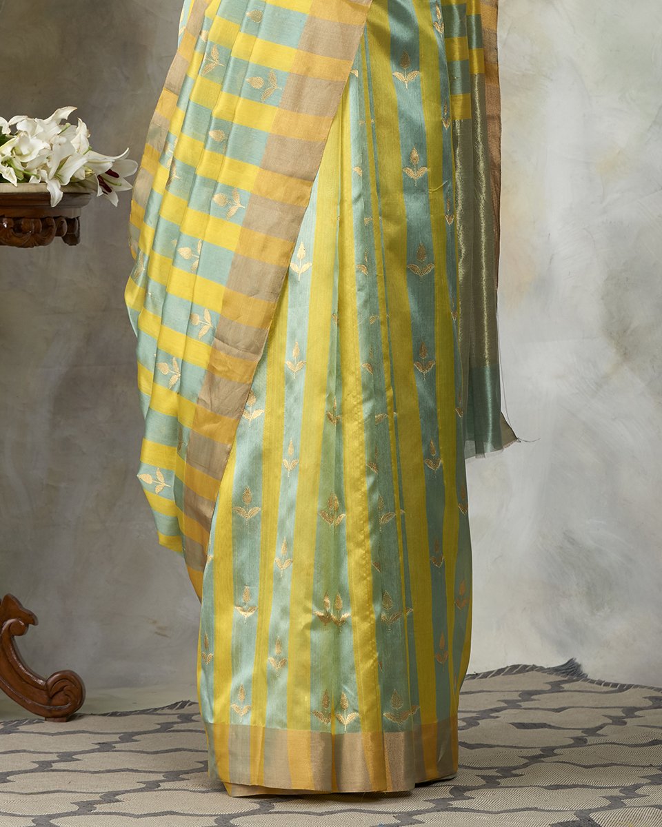 Handloom_Green_And_Yellow_Striped_Chanderi_Silk_Saree_With_Leaf_Booti_WeaverStory_04
