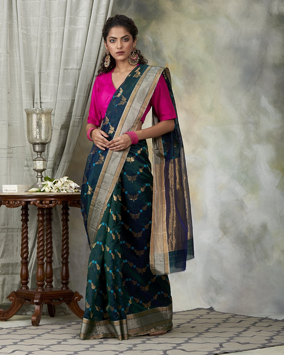 Handloom_Green_Chanderi_Silk_Saree_with_All_Over_Jaal_WeaverStory_02