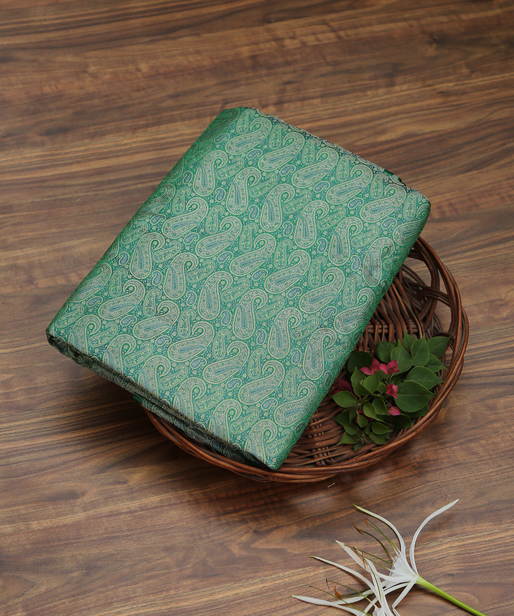 Handloom Green Pure Katan Silk Brocade Banarasi Fabric With Zari Work