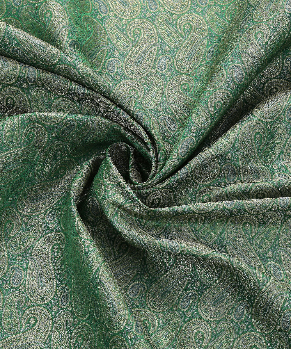 Handloom Green Pure Katan Silk Brocade Banarasi Fabric With Zari Work
