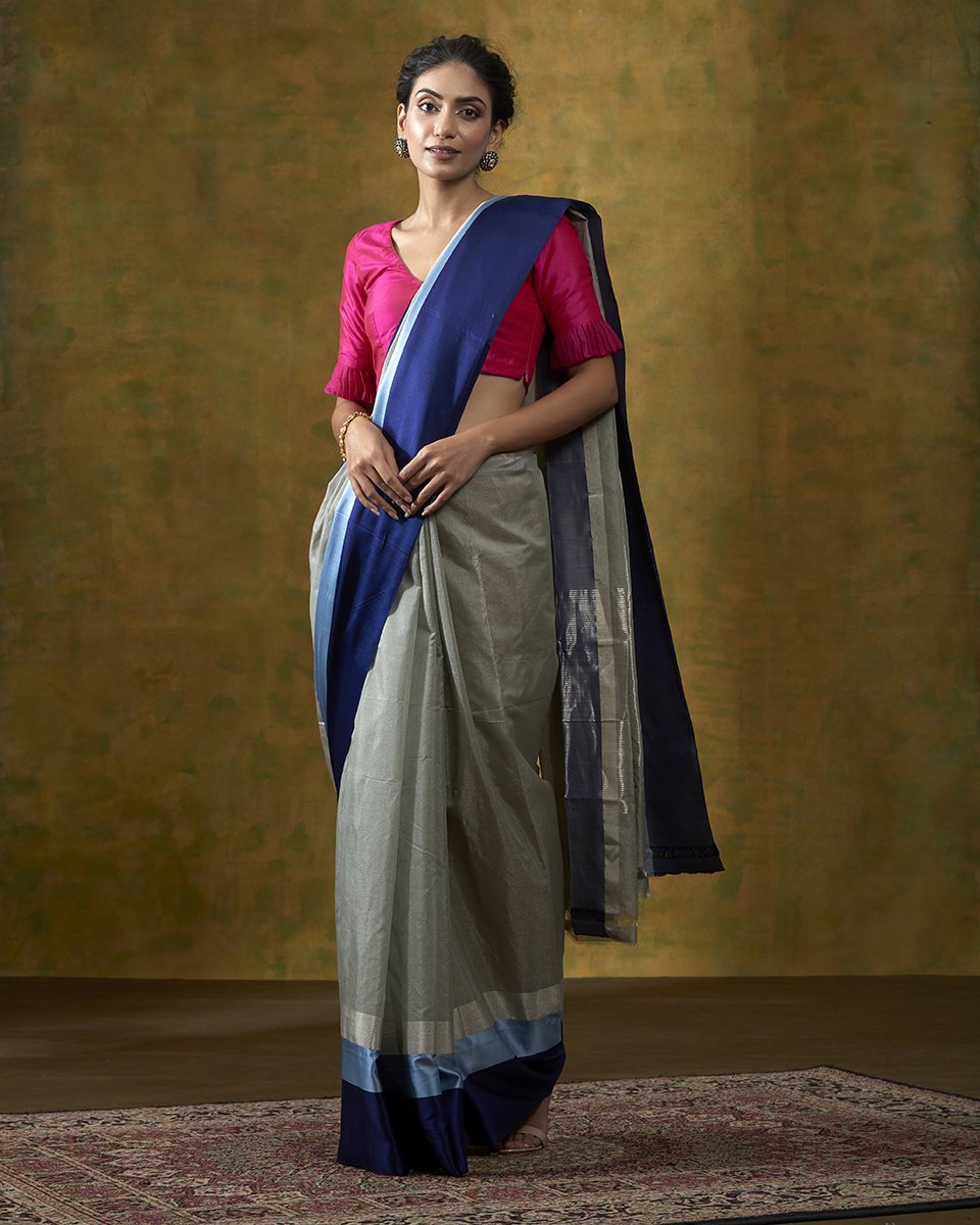 Handloom_Grey_Cotton_Tissue_Banarasi_Saree_With_Blue_Mashroo_Border_WeaverStory_02