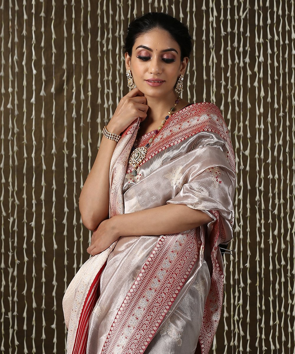 Handloom_Grey_Kora_Tissue_Banarasi_Saree_with_Meenakari_Booti_WeaverStory_01