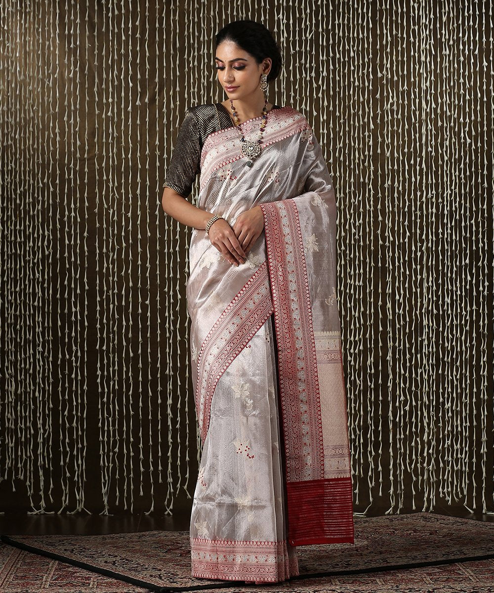 Handloom_Grey_Kora_Tissue_Banarasi_Saree_with_Meenakari_Booti_WeaverStory_02