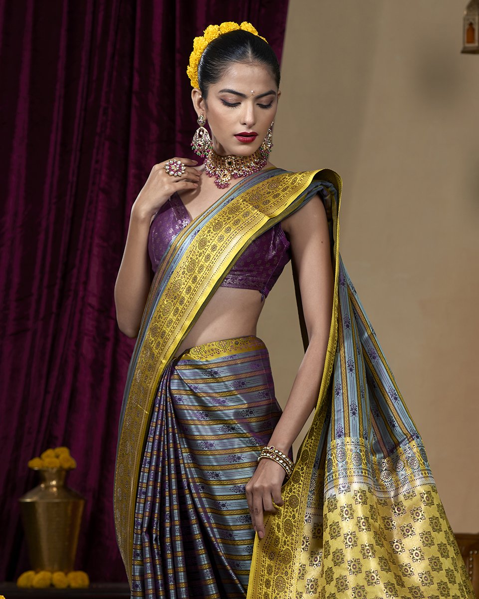 Handloom_Grey_Striped_Pure_Katan_Silk_Tanchoi_Banarasi_Saree_with_Yellow_Border_WeaverStory_01