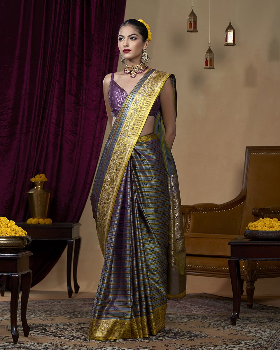 Handloom_Grey_Striped_Pure_Katan_Silk_Tanchoi_Banarasi_Saree_with_Yellow_Border_WeaverStory_02