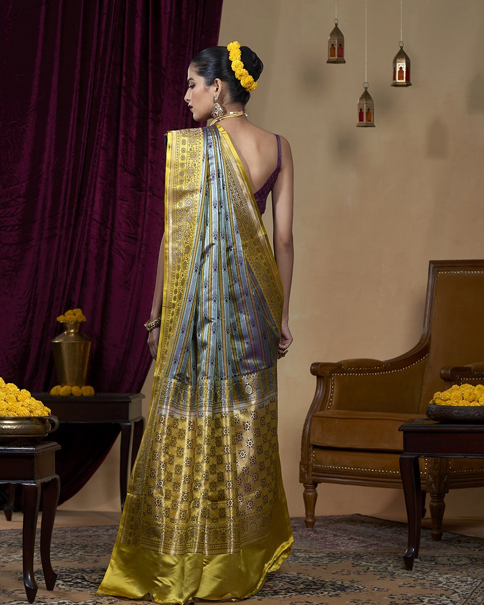 Handloom_Grey_Striped_Pure_Katan_Silk_Tanchoi_Banarasi_Saree_with_Yellow_Border_WeaverStory_03