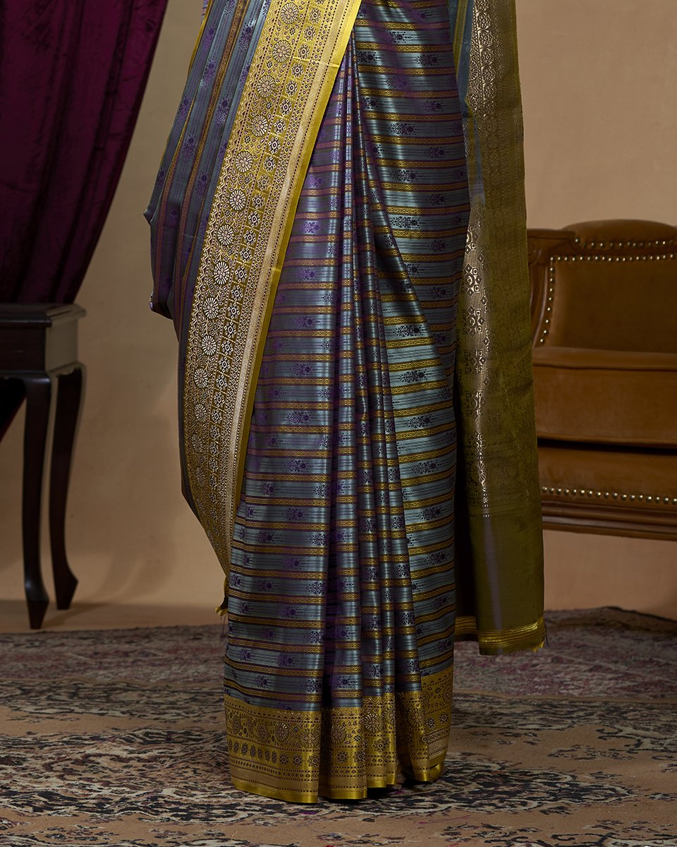 Handloom_Grey_Striped_Pure_Katan_Silk_Tanchoi_Banarasi_Saree_with_Yellow_Border_WeaverStory_04