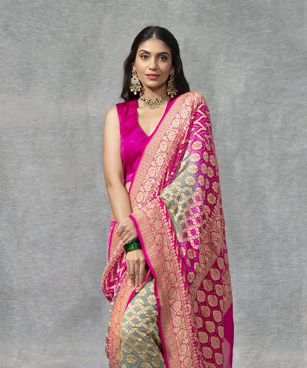 Handloom_Grey_and_Pink_Dual_Tone_Georgette_Banarasi_Bandhej_Saree_WeaverStory_01