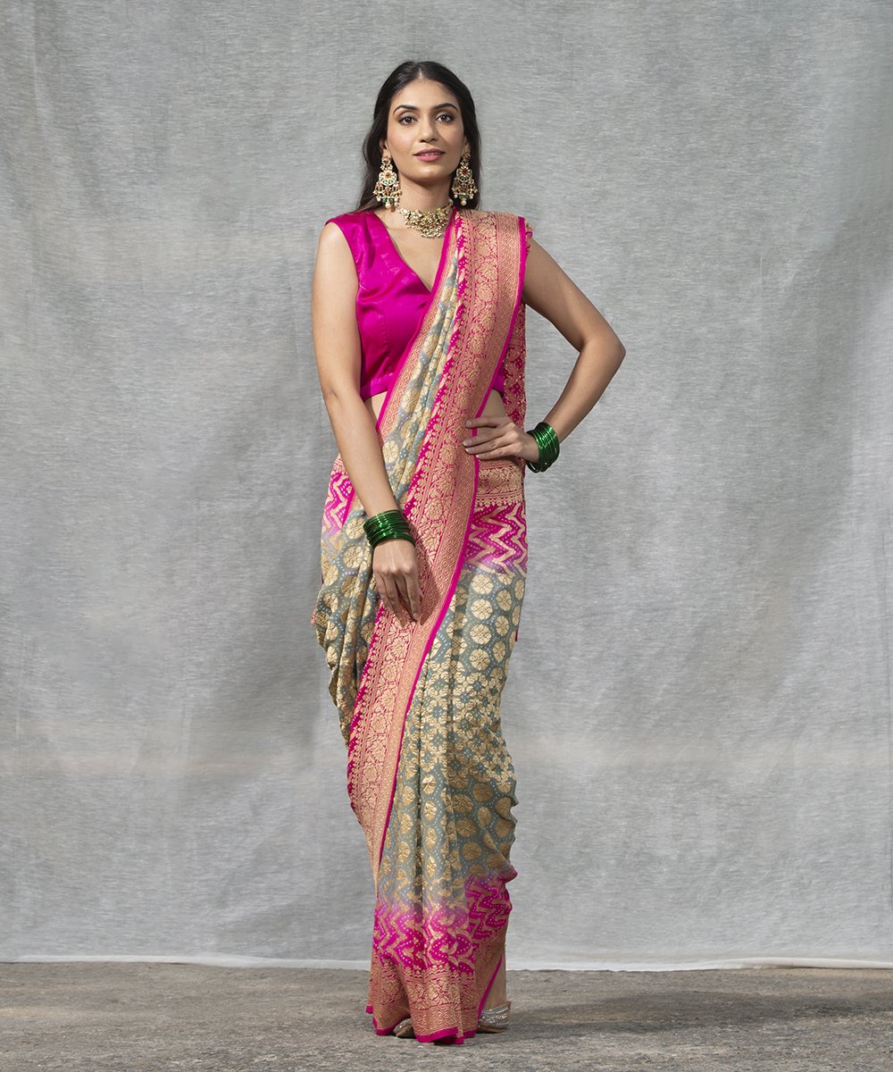 Handloom_Grey_and_Pink_Dual_Tone_Georgette_Banarasi_Bandhej_Saree_WeaverStory_02