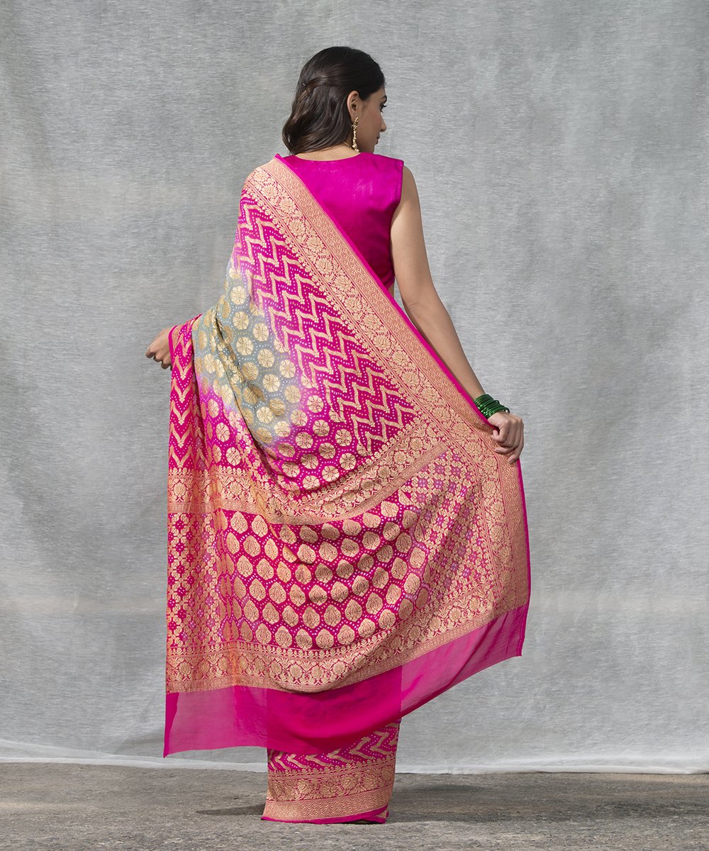 Handloom_Grey_and_Pink_Dual_Tone_Georgette_Banarasi_Bandhej_Saree_WeaverStory_03