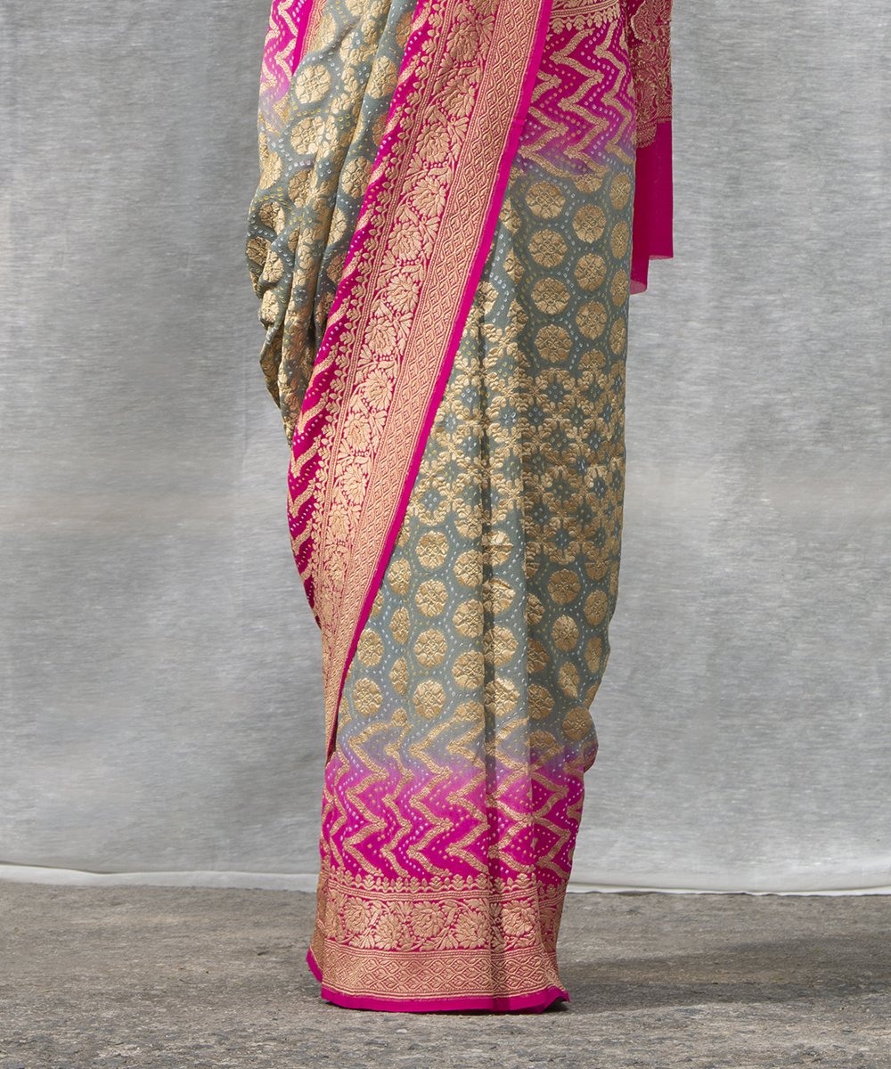 Handloom_Grey_and_Pink_Dual_Tone_Georgette_Banarasi_Bandhej_Saree_WeaverStory_04