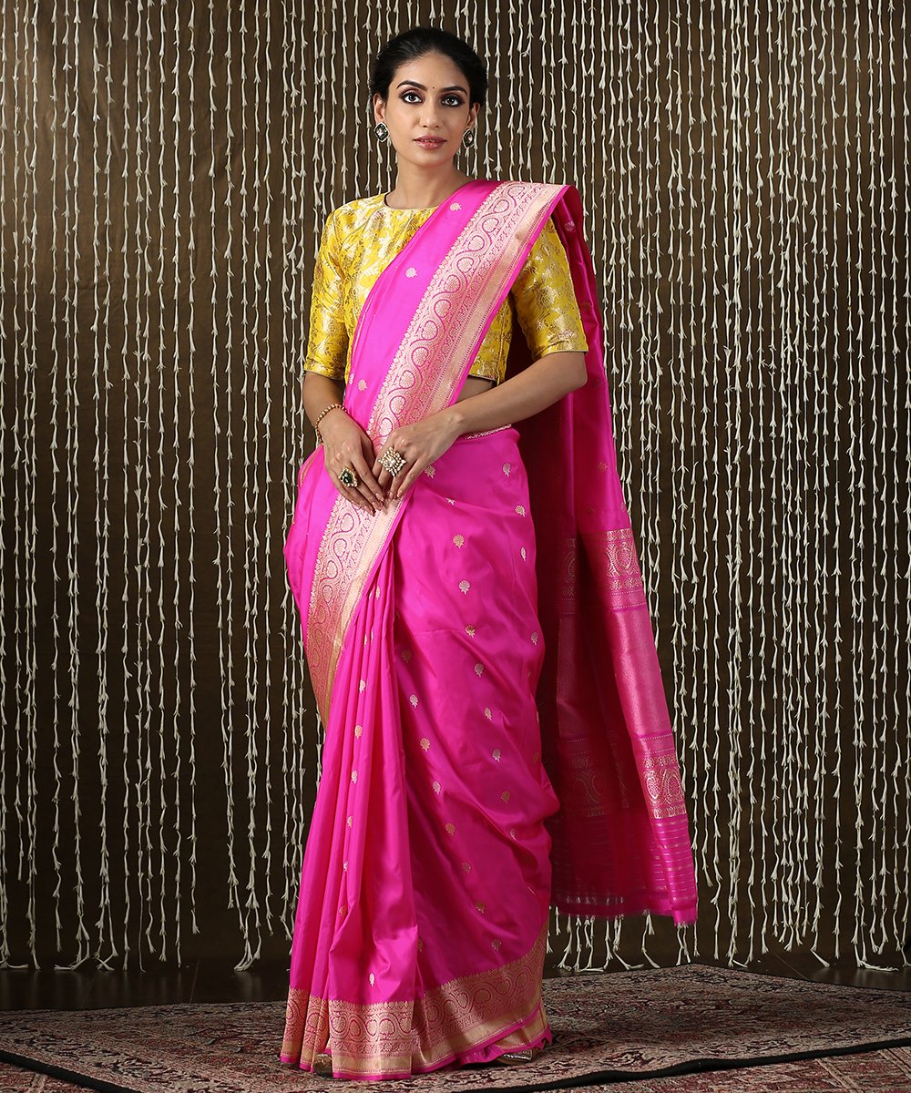 Handloom_Hot_Pink_Kadhwa_Banarasi_Saree_With_Gold_And_Silver_Zari_and_Booti_Design_WeaverStory_02