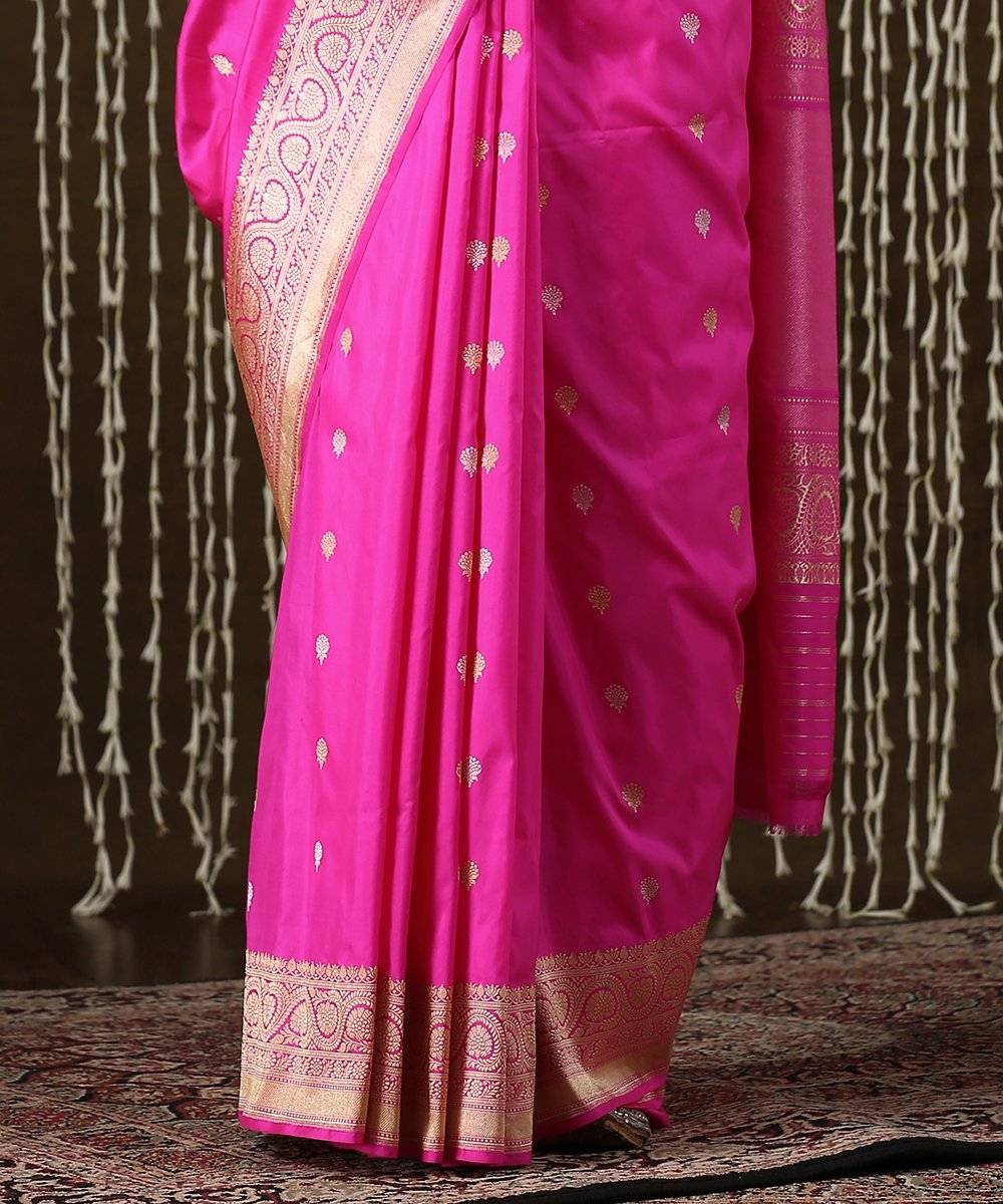 Handloom_Hot_Pink_Kadhwa_Banarasi_Saree_With_Gold_And_Silver_Zari_and_Booti_Design_WeaverStory_04