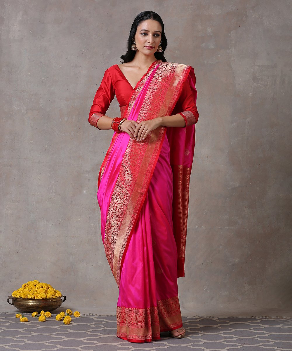 Handloom_Hot_Pink_Pure_Katan_Silk_Banarasi_Saree_with_Red_Paisley_Border_WeaverStory_01