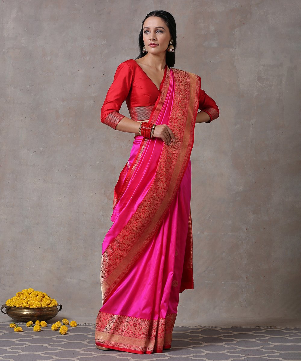 Handloom_Hot_Pink_Pure_Katan_Silk_Banarasi_Saree_with_Red_Paisley_Border_WeaverStory_02