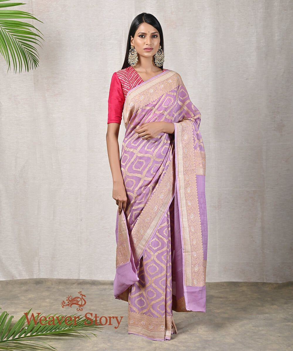 Handloom_Lavender_Banarasi_Georgette_Kadhwa_Saree_with_Jangla_Design_WeaverStory_02