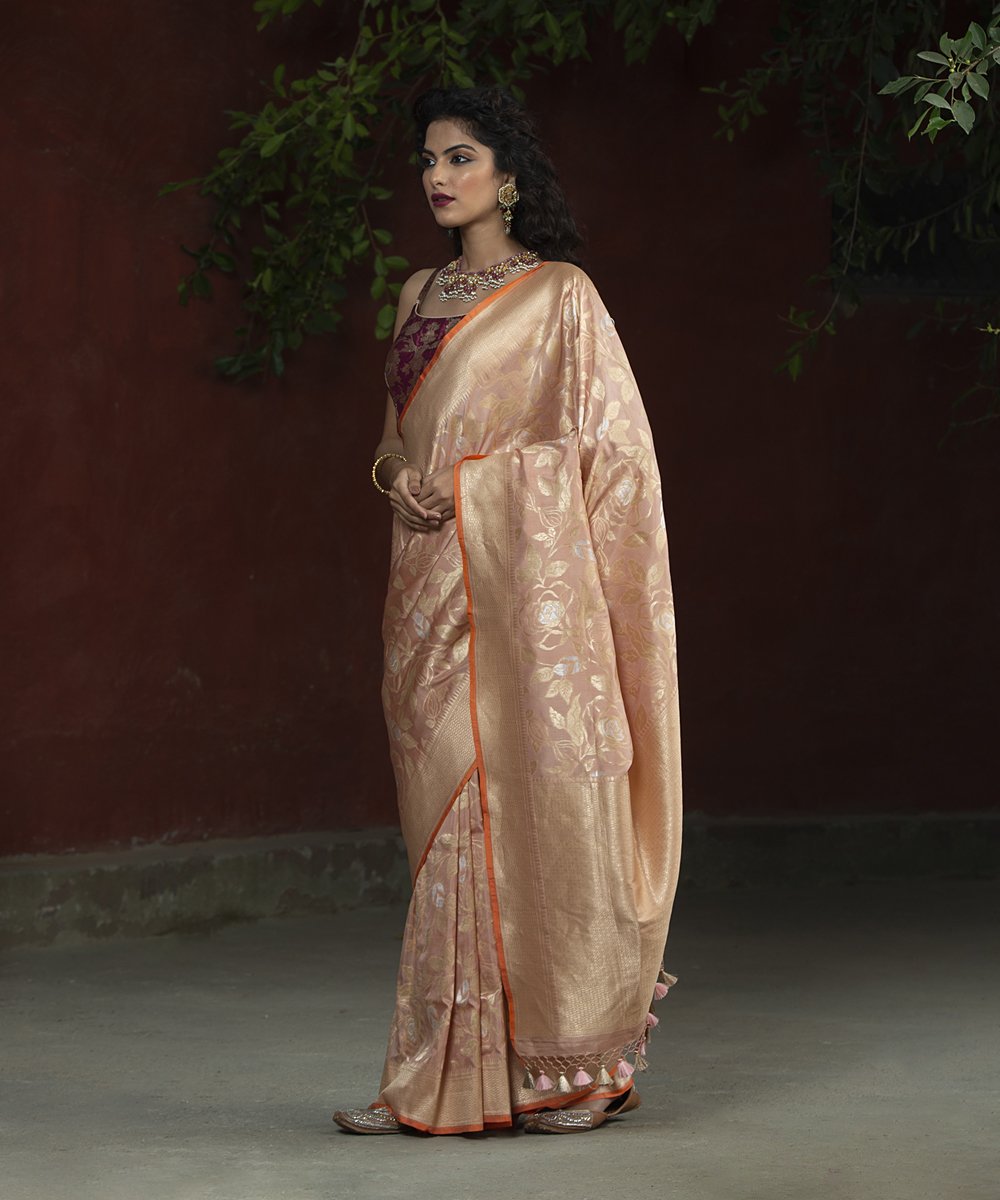 Handloom_Light_Peach_Katan_Silk_Banarasi_Saree_with_Sona_Rupa_Rose_Flower_Jangla_WeaverStory_02