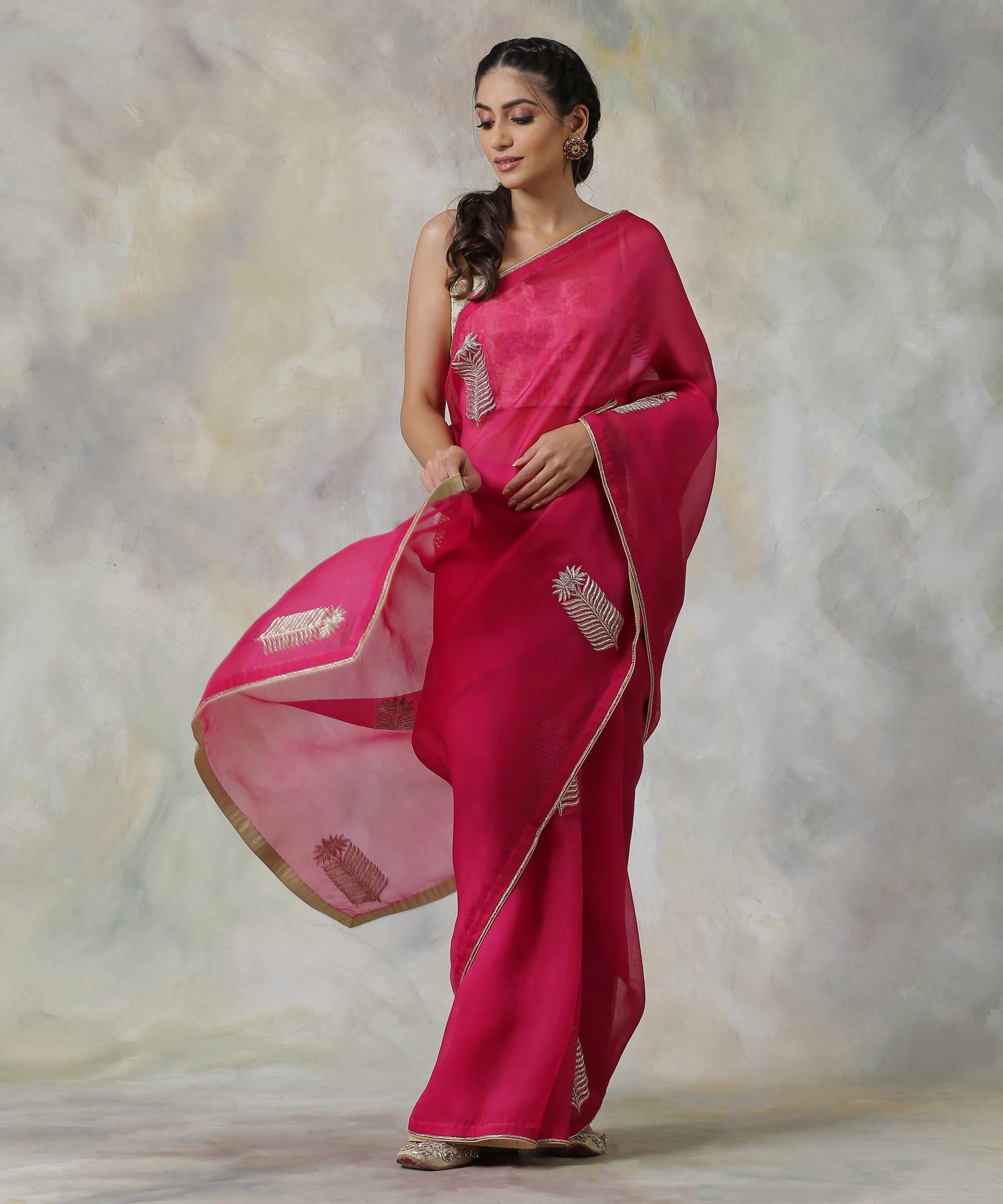 Pink_Hand_Embroidered_Organza_Saree_with_Zardozi_Booti_WeaverStory_02