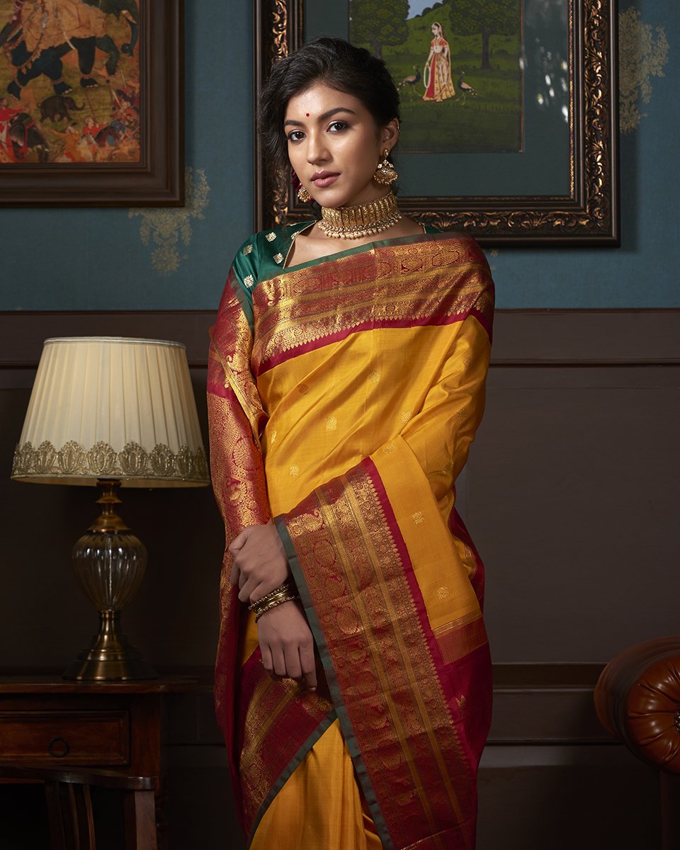 Handloom_Mango_Yellow_Kanjivaram_Pure_Silk_Saree_With_Maroon_and_Green_Border_WeaverStory_01