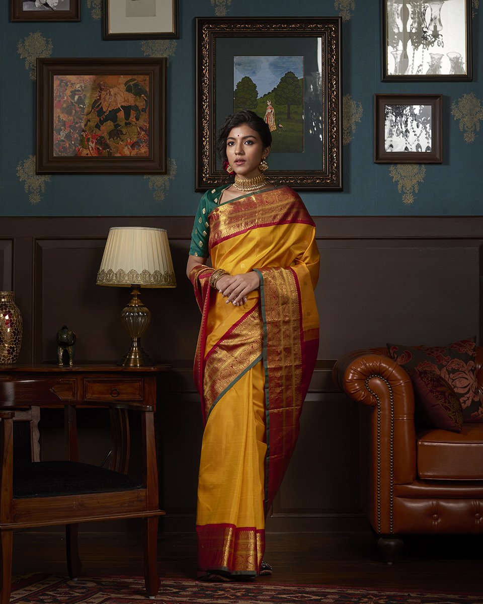 Handloom_Mango_Yellow_Kanjivaram_Pure_Silk_Saree_With_Maroon_and_Green_Border_WeaverStory_02