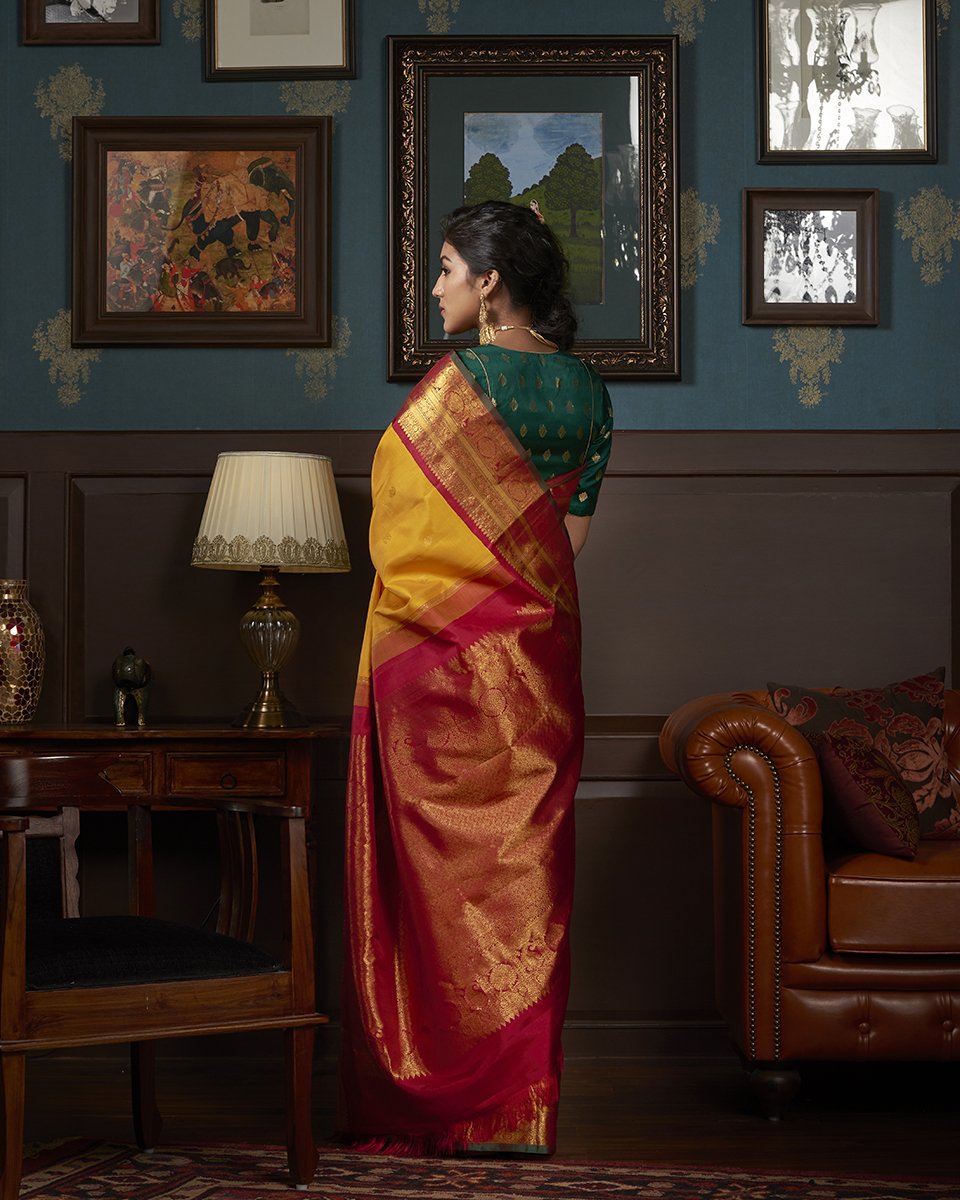 Handloom_Mango_Yellow_Kanjivaram_Pure_Silk_Saree_With_Maroon_and_Green_Border_WeaverStory_03