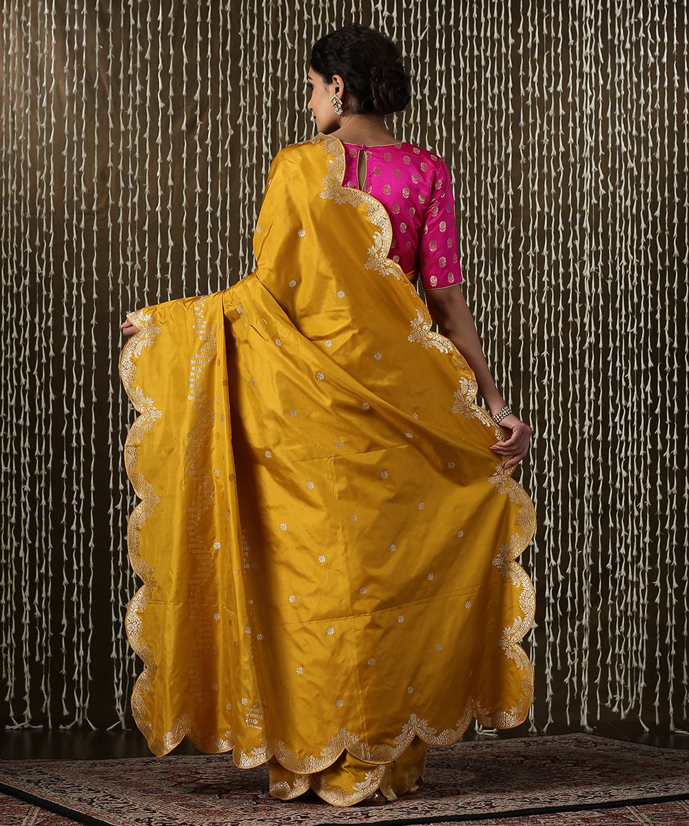 Handloom_Mustard_Banarasi_Saree_with_Scallop_Border_and_Red_Blouse_WeaverStory_03