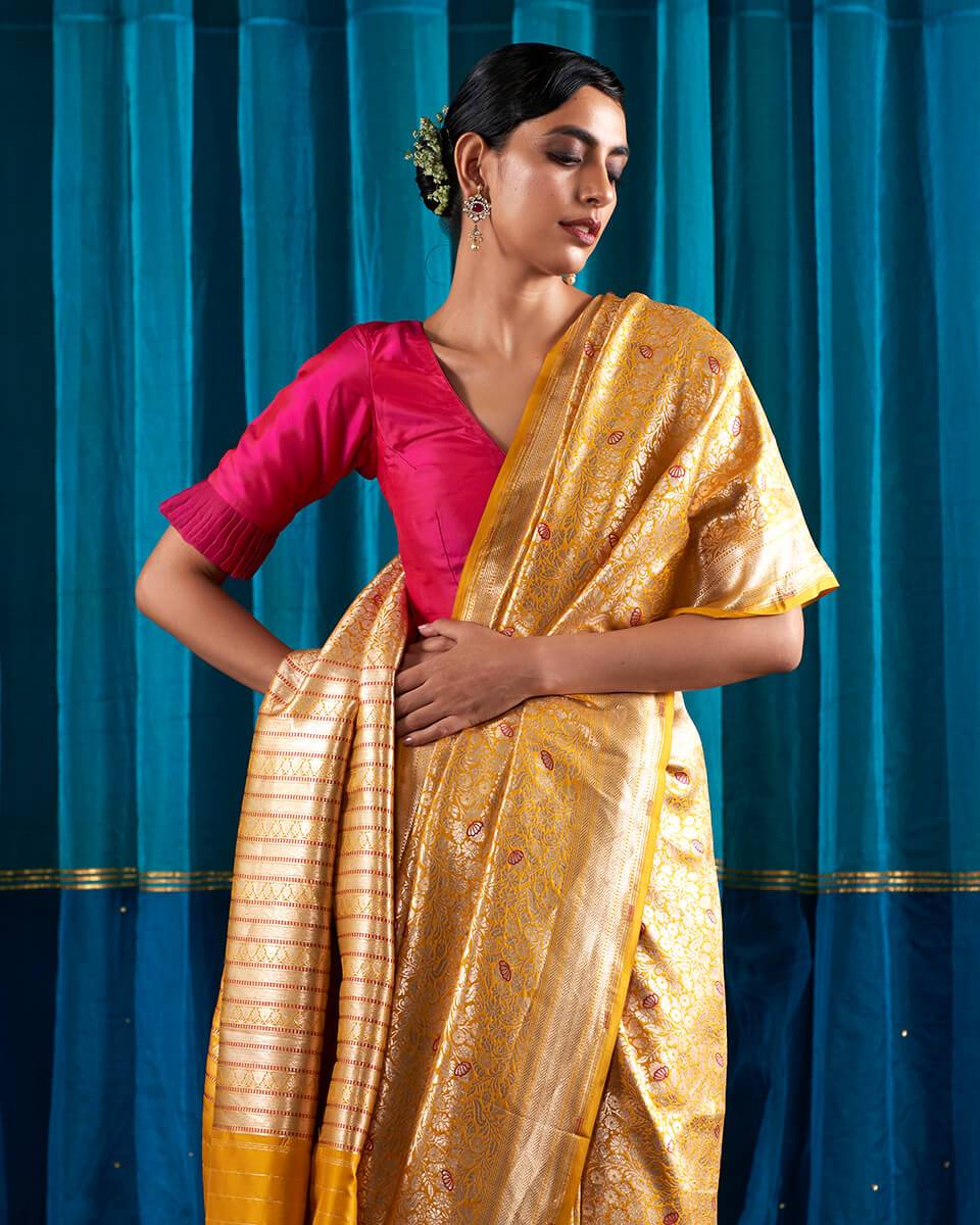 Handloom_Mustard_Kimkhab_Saree_With_Red_Meenakari_WeaverStory_01